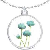 Teal Watercolor Poppies Round Pendant Necklace Beautiful Fashion Jewelry - £8.68 GBP