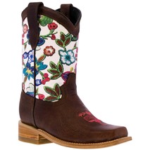 Kids Western Boots Flowers Brown Leather Square Toe Cowgirl Botas - £43.25 GBP
