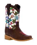 Kids Western Boots Flowers Brown Leather Square Toe Cowgirl Botas - £43.71 GBP