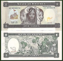 Eritrea P1, 1 Nafka, 1997, women / bush school, camel head w/m, BEP engr... - £1.13 GBP