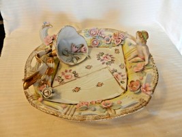 Capodimonte Baby Shower Centerpiece Bowl With Cherub, Roses, Cornucopia - £71.94 GBP