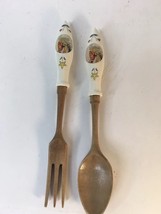 Vtg Indian Head Floral Ceramic Handle Wooden Salad Fork Spoon Set Phoenixville - £11.79 GBP