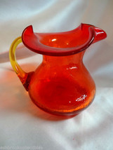 Blown Hand Made Crackle Glass Orange Pitcher with Yellow Handle - $39.00