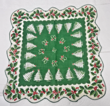 Vintage Cotton Hankie Christmas Tree&#39;s Holly and Berries Scalloped 13 inch - $12.38