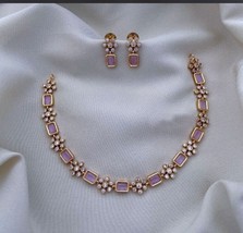 Indian Gold Plated Bollywood Style Choker Necklace Pink Sapphire CZ Jewelry Set - £37.95 GBP
