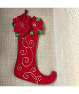Red Poinsettia Christmas Stocking Embroidered Elf Toe Holiday Decor 20&quot; - $34.25 CAD