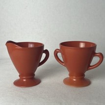 Hazel Atlas Platonite Moderntone Creamer &amp; Sugar Bowl OVIDE Orange / Rust 1950s - £7.15 GBP