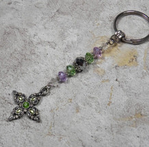 Cross Crystal Beaded Handmade Keychain Split Key Ring Green Lavender Silver - £11.37 GBP