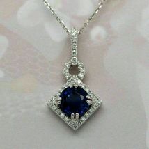 3Ct Round Cut Blue Sapphire And Diamond Pendant Necklace 14K White Gold Finish - £73.86 GBP