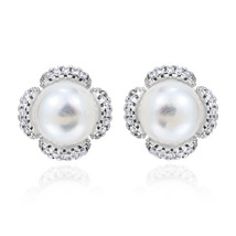 Dazzling Cubic Zirconia Flower Blossom Round Pearl Sterling Silver Stud Earrings - £13.74 GBP