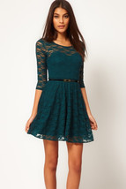 Unomatch Women&#39;s Skirt Style Round Neck Lace Green Dress with Belt - $28.99