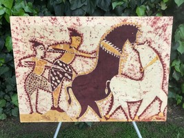 Vintage Bali Batik Original Modern Primitive Men Horse Cave Art Fabric Painting - £514.73 GBP