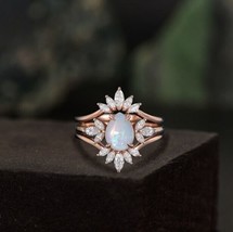 White Opal Engagement Ring Set, Rose Gold Rings for Women Art Deco Stacking Band - £66.82 GBP