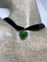 Vintage Kristall Jade Herz Choker Goldener Halskette Anhänger - $54.45