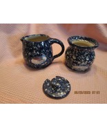 Marshall Pottery Creamer &amp; Sugar Blue Navy Spongeware Vintage Deco USA S... - $27.35 CAD