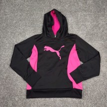 Puma Hoodie Girls XL 16 Black Pink Pullover Kangaroo Pocket Thumbholes Y... - £7.09 GBP
