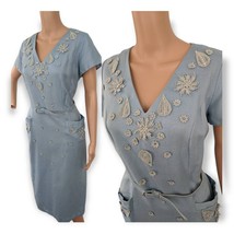 60s Blue Linen Dress Rhinestone Vintage L 38 Bust 32 W - $89.00