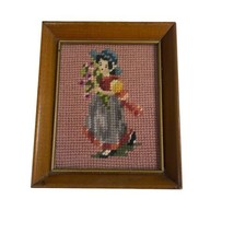 Victorian Needlepoint Girl Flower Bouquet Small Framed Picture under Glass 5x6” - £29.81 GBP