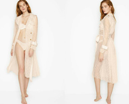 Victoria&#39;s Secret M/L lace trench coat ROBE ivory coconut Nude beige button - £94.73 GBP