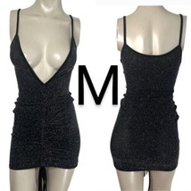 Black Silver Glittery Cami Deep Low Cut Ruched Tie Stretchy Mini Dress~S... - $25.95