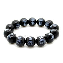 BLACK AGATE WRIST MALA w LOTUS 14mm Buddhist Prayer Bead Stone Stretch B... - $8.95