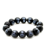 BLACK AGATE WRIST MALA w LOTUS 14mm Buddhist Prayer Bead Stone Stretch B... - $8.95