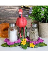 Tropical Paradise Bird Pink Flamingo Salt And Pepper Shakers Display Sta... - $42.09 CAD
