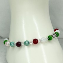 Red and Green Beaded Silver Tone Screw Clasp Bracelet - £7.90 GBP