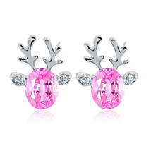 Pink Crystal &amp; Cubic Zirconia Reindeer Oval Stud Earrings - £10.38 GBP