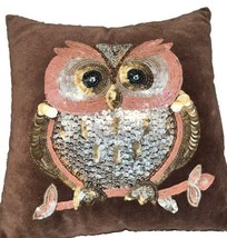 Pier 1 Imports Beaded Metallic Sequins Owl Velvet Brown Pillow 13x13” - $18.70