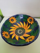 Vintage Hand Painted Terra Cotta Bowl Folkart Sunflowers Flowers Yellow Blue Vtg - £39.78 GBP