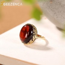 925 Sterling Silver Gold Plated Red Amber Ring For Women Hollow-out Plum Flower  - £60.02 GBP