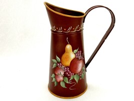 Hosley Galvanized Steel Vase Pitcher, Brown w/Hand Painted Fruit Art, Vintage - £15.31 GBP