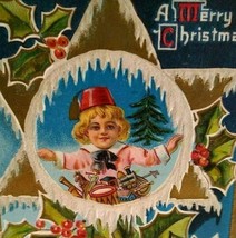 Victorian Christmas Postcard Child Fez Hat Star Lions Back M L Jackson Embossed - £19.92 GBP