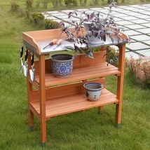 BESTGOODSHOP Outdoor Garden Wood Potting Bench Storage Shelf with Metal Top Pott - £179.17 GBP