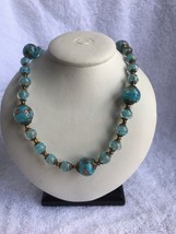 Vintage glass glitter teal bead round Necklace 48 inch total strand screw clasp - £36.60 GBP