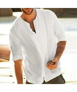 Men&#39;s Fashion Cotton Linen Shirts V-Neck Loose Fit Solid Color Summer To... - £11.17 GBP