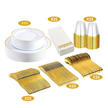 175 Piece Gold Plastic Disposable Plates Cup Dinnerware 25 Set for Weddi... - £60.03 GBP