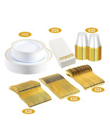 175 Piece Gold Plastic Disposable Plates Cup Dinnerware 25 Set for Weddi... - £60.40 GBP