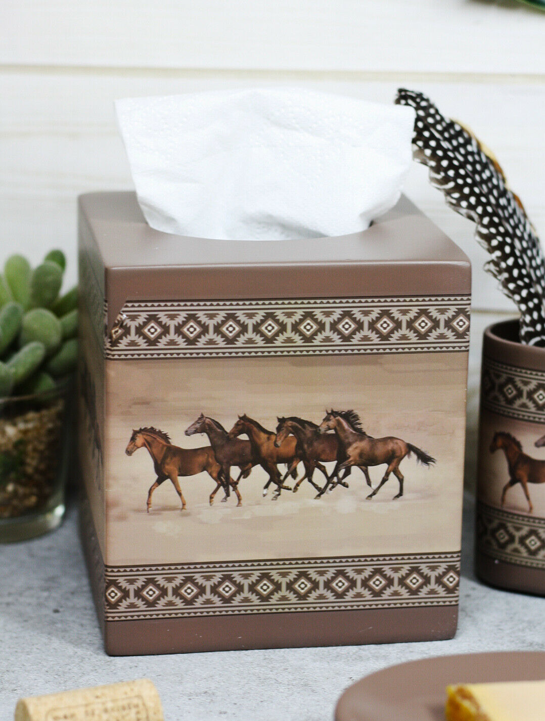 Ebros Western Running Horses W/ Southwest Navajo Vectors Tan Tissue Box Cover