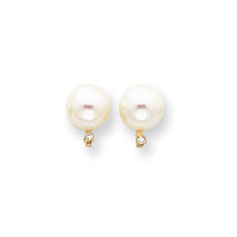 14Kt Yellow Gold 8mm Genuine Pearl &amp; Diamond Stud Post Earrings - £90.64 GBP