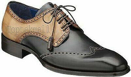 Handmade Men&#39;s Leather New Tone wing tip Oxfords Beige Black Cowhide shoes-500 - £180.85 GBP