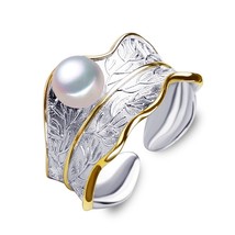 925 Sterling Silver Ring Natural Freshwater Pearl Rings For Women Silver and Gol - £16.90 GBP