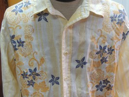 Men&#39;s LARGE Tommy Bahama Long Sleeve Shirt 100% Linen YELLOW BLUE floral stripe - £28.85 GBP