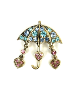 Vintage Rhinestone Brooch Umbrella Pin Raindrops Hearts Pastel Blue Pink - €27,03 EUR