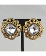 Avon Gold Tone Flower Bloom Clip On Earrings With Center Crystal Vintage  - £16.33 GBP