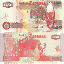 Zambia P37, 50 Kwacha,  fish eagle / copper mill, Liberty monument (Lusaka)  UNC - £1.14 GBP
