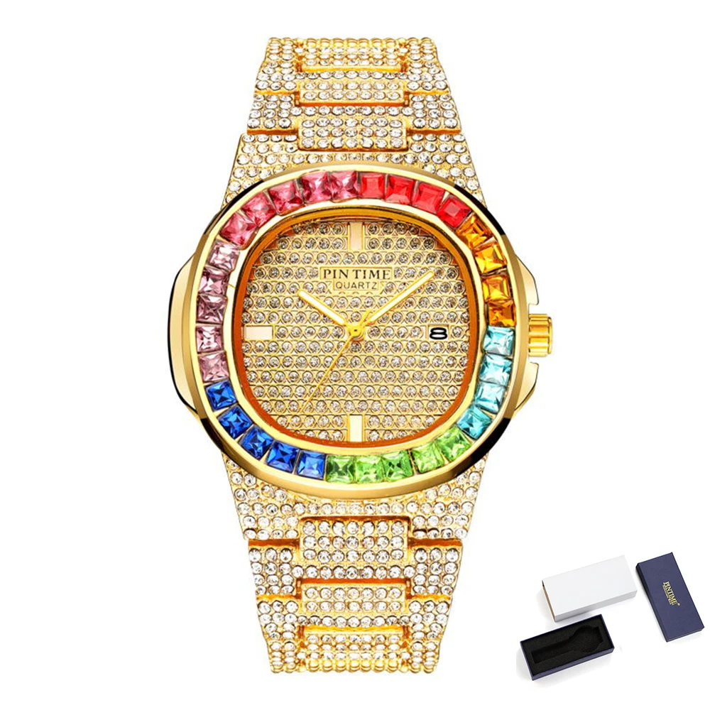  Man Watch Waterproof 30M Fashion Wristwatch Bling Iced Out Colored  Bezel Stain - £86.29 GBP