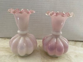 Fenton Vintage Pair Cased Milk Pink Art Glass Crimped Vase Ruffled Edge - £29.78 GBP