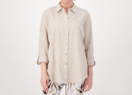 Susan Graver Pure Linen Blend Button Front Shirt Flax Solid, Petite X-Small - £23.73 GBP